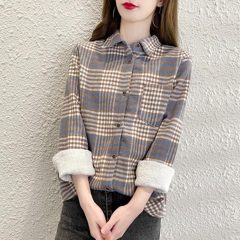 

Женские рубашки, осенне-зимняя клетчатая рубашка, куртка на пуговицах с длинным рукавом, плюшевая блузка, повседневная свободная рубашка в винтажном стиле 3XL тёмно-синий