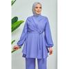 Women's Double Breasted Collar Belted Hijab Crepe Suit