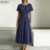 ZANZEA Women Summer Round Neck Casual Short Sleeve Stripe Print Dress