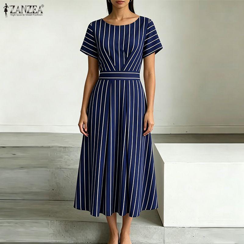 ZANZEA Women Summer Round Neck Casual Short Sleeve Stripe Print Dress