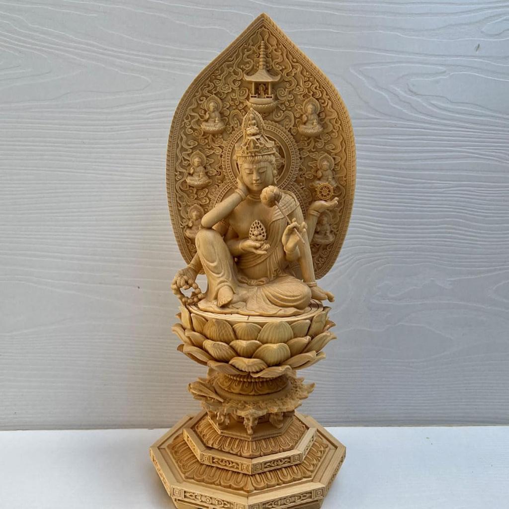 Buddhist Nyoirin wood carving made from cypress total height wooden carved Buddha statue statue, Kannon, high-quality wood, 32cm,