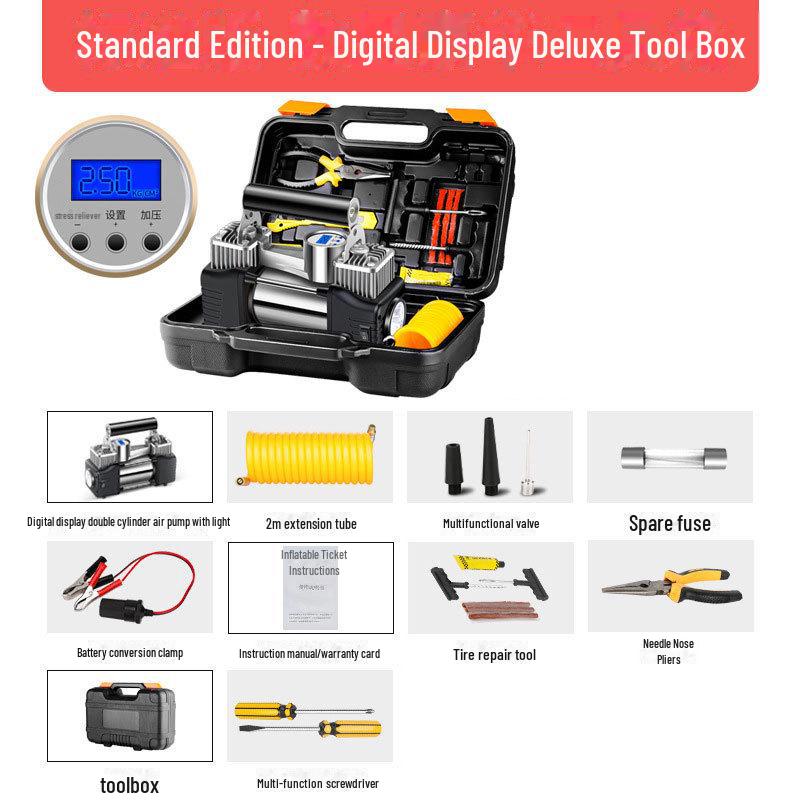

Портативный двухцилиндровый высокомощный 12-вольтовый автомобильный насос для накачивания шин