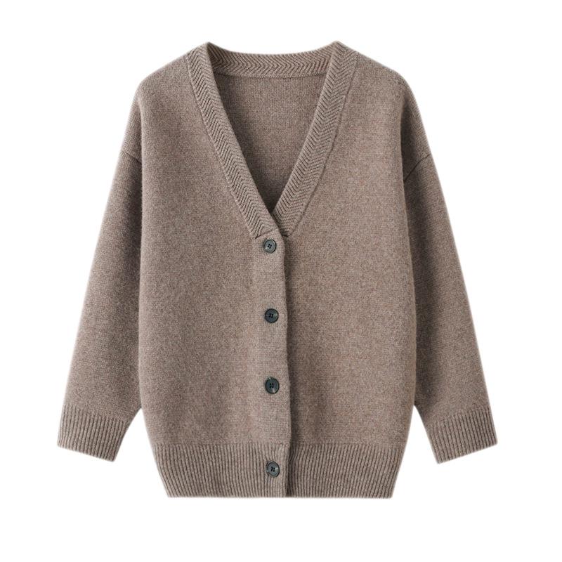 Women's 100% Pure Wool V-Neck Cardigan Coat, Loose Fit, Thickened Knit Sweater Style Top Outerwear.