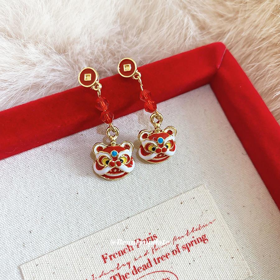 Silver Needle Chinese Lion Fortune Drop Earrings: New Year Festive High-End Dangle Earrings for Women