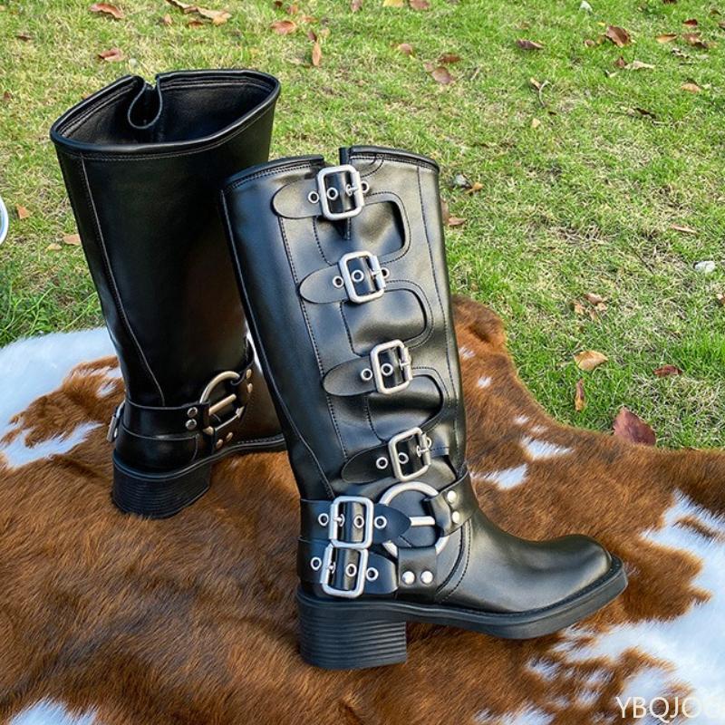Fashion boots with belt buckle Spring Autumn new style thick heel increased height simple comfortable versatile women's boots