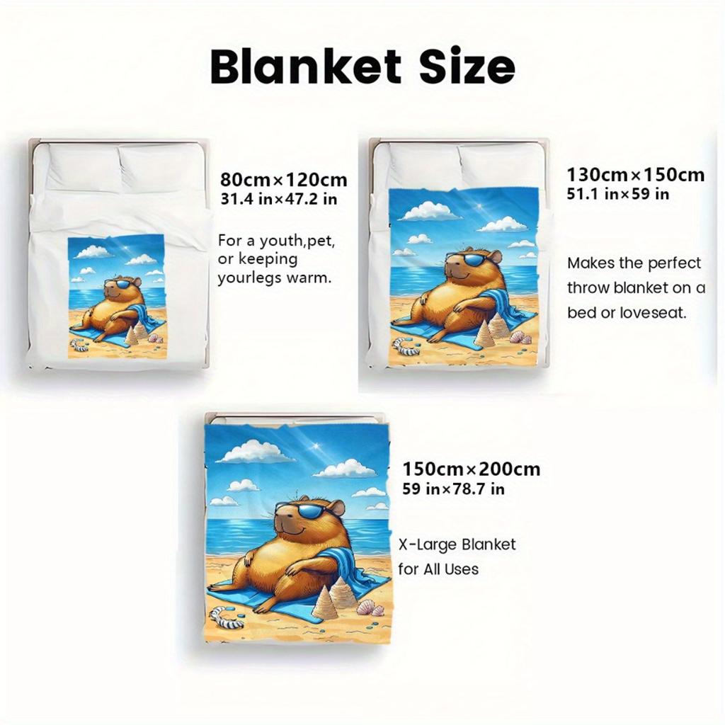 Funny Capybara Beach Vacation Flannel Blanket Summer Holiday Cartoon Animal Soft Cozy Throw Bedding Decor Travel Theme Blanket