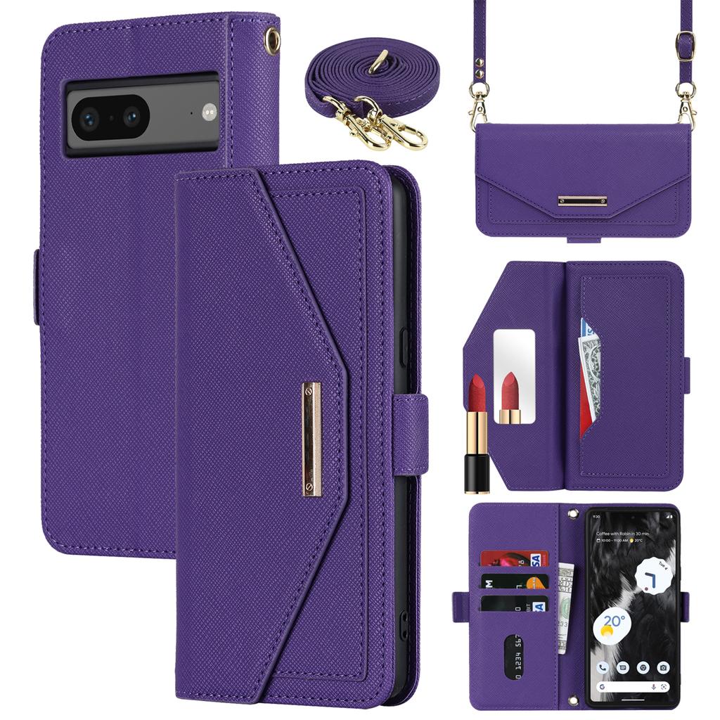 For Google Pixel 7 5G Stand Case Cross Texture PU Leather Wallet Phone Cover with Shoulder Strap/Makeup Mirror