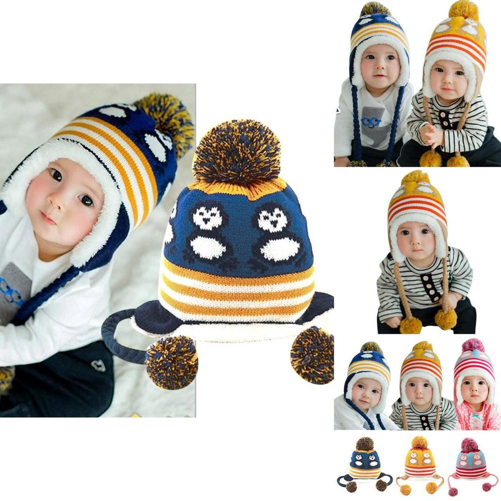 Cute Baby Toddler Girls Boys Penguin Fur Ball Knitted Winter Warm Cap With Elegant Design