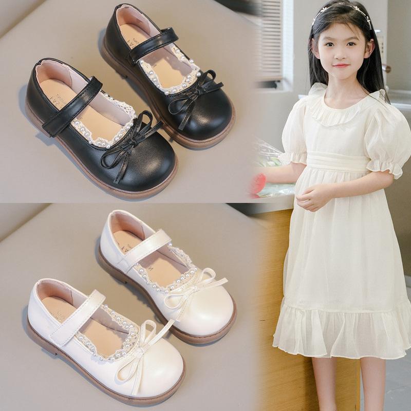 Girls Leather Shoes Black Matte Kids Flat Shoes Round Toes Non-slip 2025 Spring Autumn New Girls Performance Shoes Bows Sweet