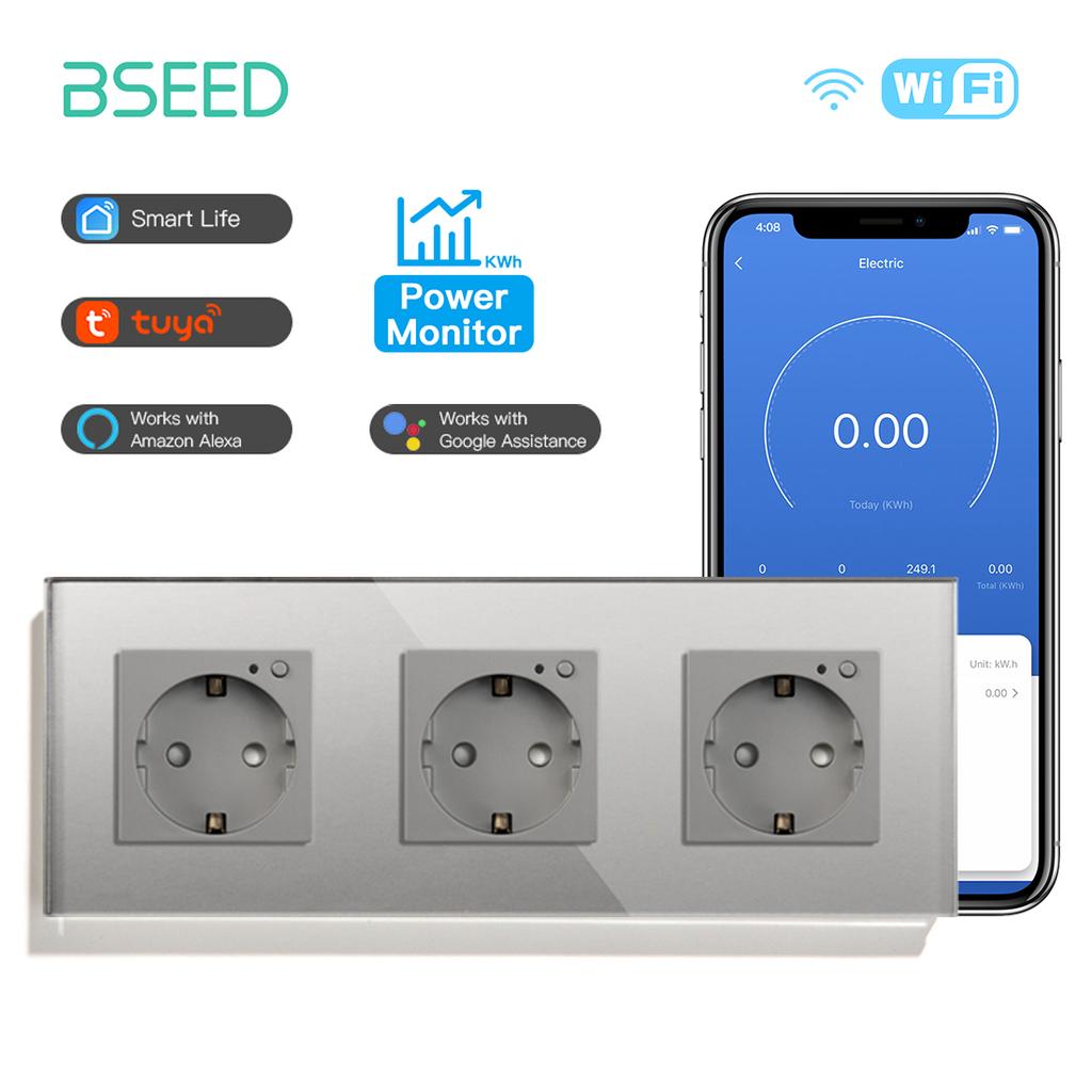 BSEED Wifi Sockets EU Wall Socket Smart Tuya Electric Sockets Power Monitor Google Smart Life Alexa Voice Control Glass Panel