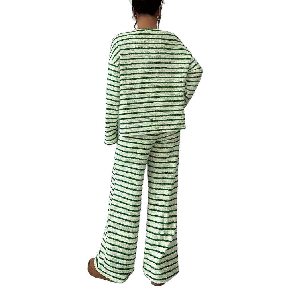 Women's Striped Casual Long Sleeve Top and Wide Leg Pants Set for Fall Winter