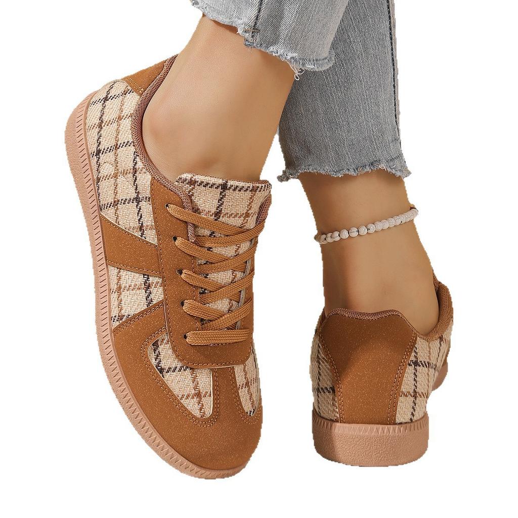 Fashion Round Toe Mixed Colors Shoes Woman Flats Casual Female Sneakers Dress New Retro Flock PU Leisure Sewing Fabric Rubber Lace-Up Mi