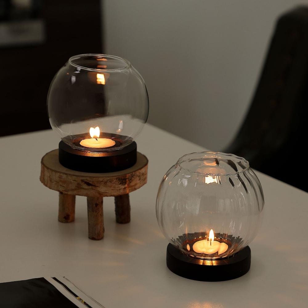 Romantic Transparent Candle Holder with Wooden Base Retro Oil Lamp Shape Round Candlesticks Tealight Dinner Table Decoration