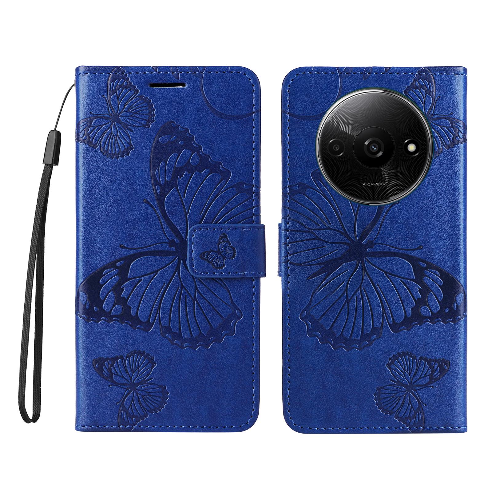 

Для Xiaomi Redmi A3 4G/Poco C61 4G Чехол-кошелек Кожаный чехол для телефона с подставкой с цветочным и бабочковым принтом Blue