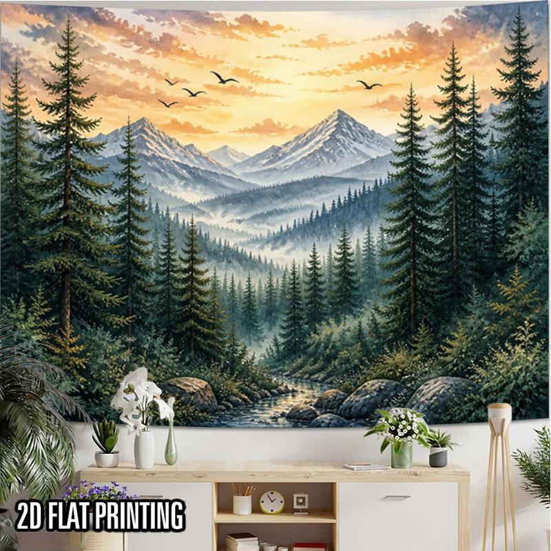 2D Flat, 2D Flat Print 1pc Tapestry Mountain Pine Stream Tapestry, Nature Landscape Home Decor Wall Hanging Multi-Size Polyester Background Resistant
