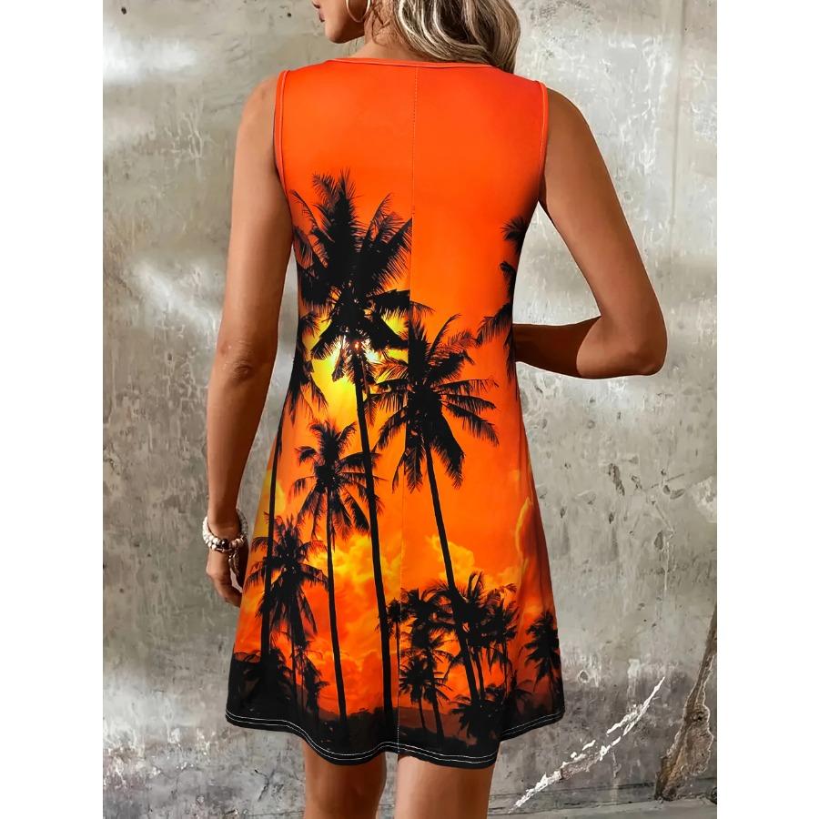 Women's Tropical Print Beach Dress Round Neck Sleeveless Dress Perfect for Spring & Summer Vacations Y2k Ladies Clothes Tee Tops