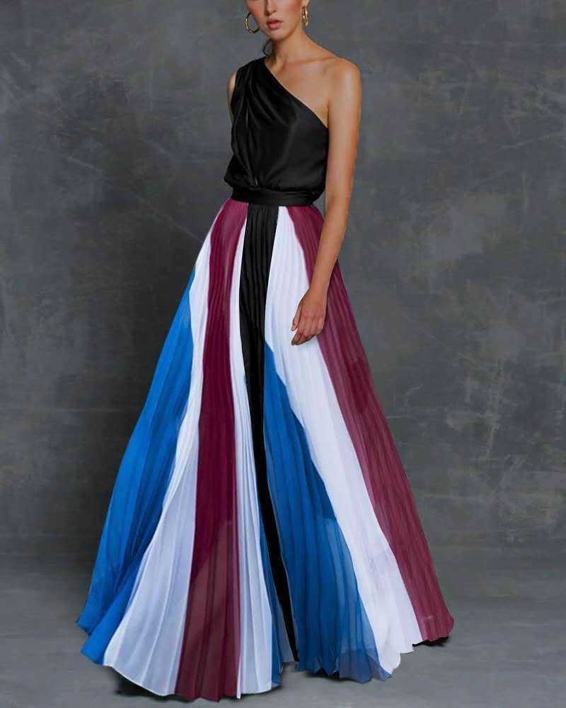 Frühling und Sommer Neue Damenbekleidung Kontrastfarben Spleiß Sexy Schulterfrei Langes Kleid Kleid Kleid