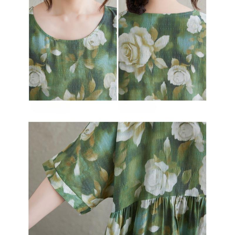 DIMANAF 2025 Sommer Übergröße Langes Kleid Lässig Basic Damen Locker Vintage Blume Neuer Druck Strandkleid Maxi