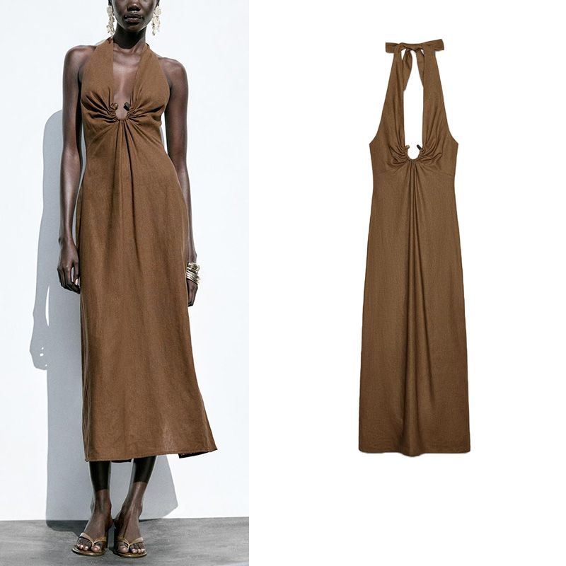 Summer Women's Clothing Vacation Style Backless Halter Collar Linen Blend Buckle Decoration Midi Skirt Dress 8351041