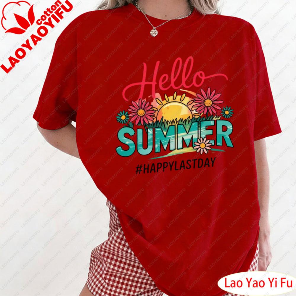 Hello Summer Happy Last Day of School Teacher Student TShirt Lifestyle Enthusiast Tops Colorful Flower Prints Clothes