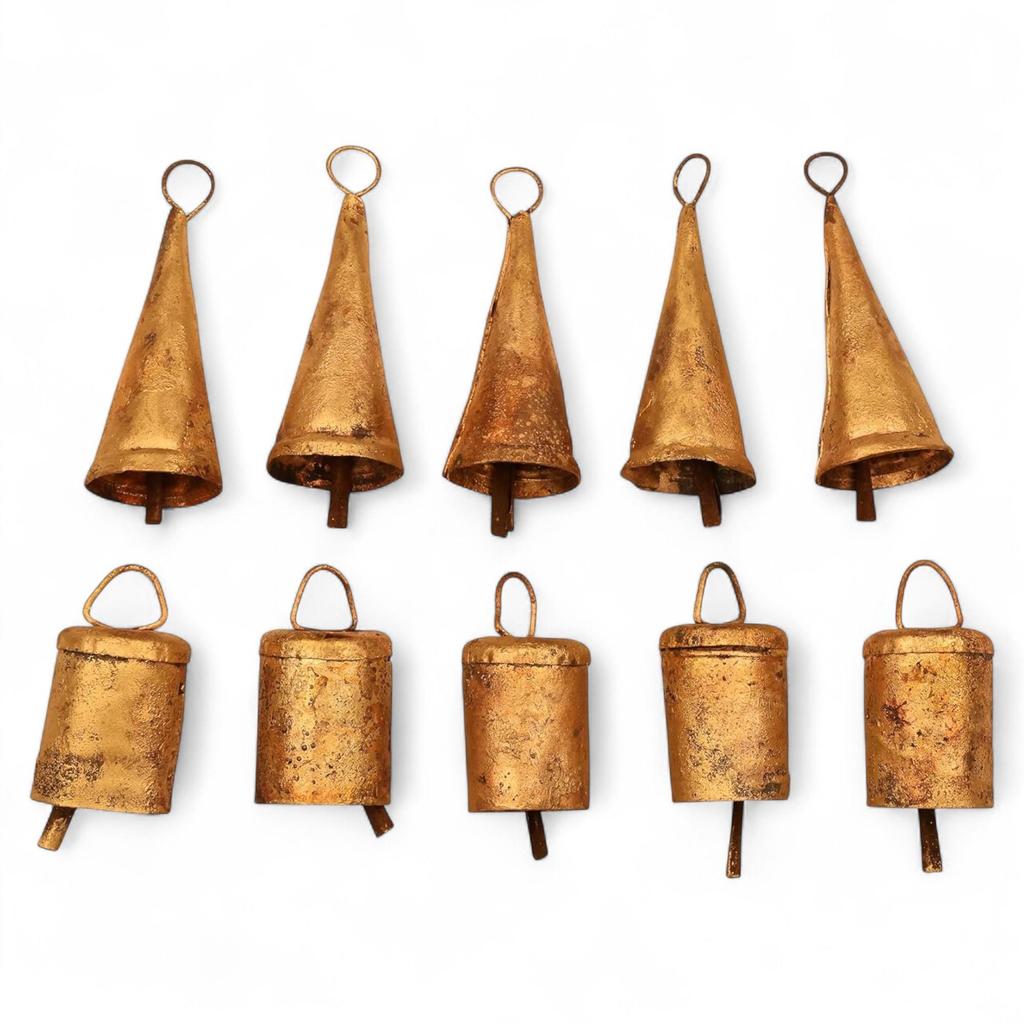 10 Handmade Rustic Gold Iron Bells for DIY Crafts, 3.15 Inch Vintage Jingle Bells for Christmas Wreaths and Boho Wind Chimes Decor