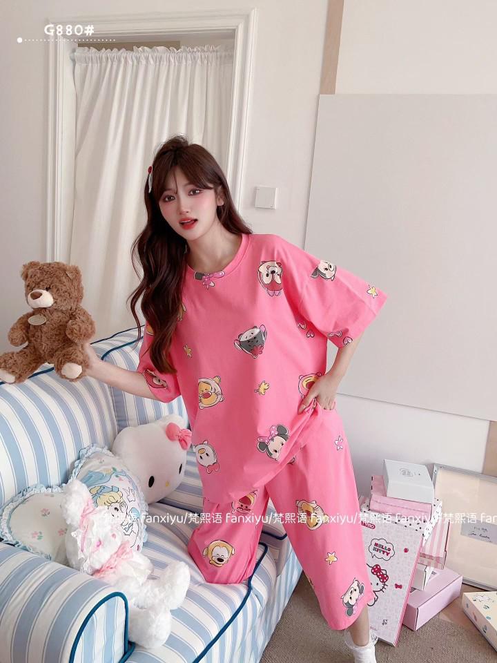 Fanxi Yu Women s Summer Pajama Set - Short Sleeve & Seven-Point Pants, Pure Cotton Homewear One Size