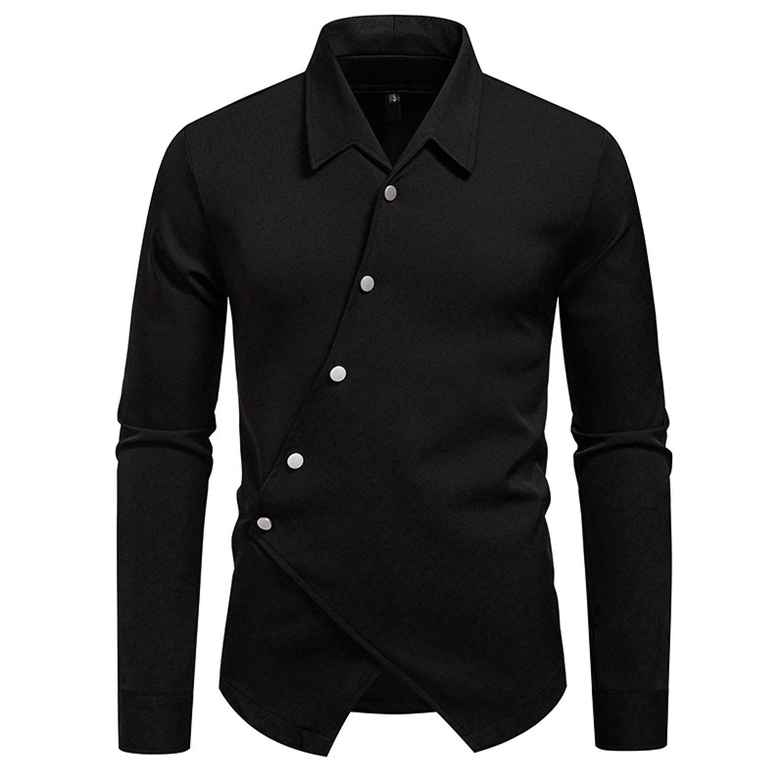 

Dress Shirts For Men s Casual Color Asymmetric Hem Long Sleeves Button Lapel Tuxedo Western Basic Blouse Top XL чорний
