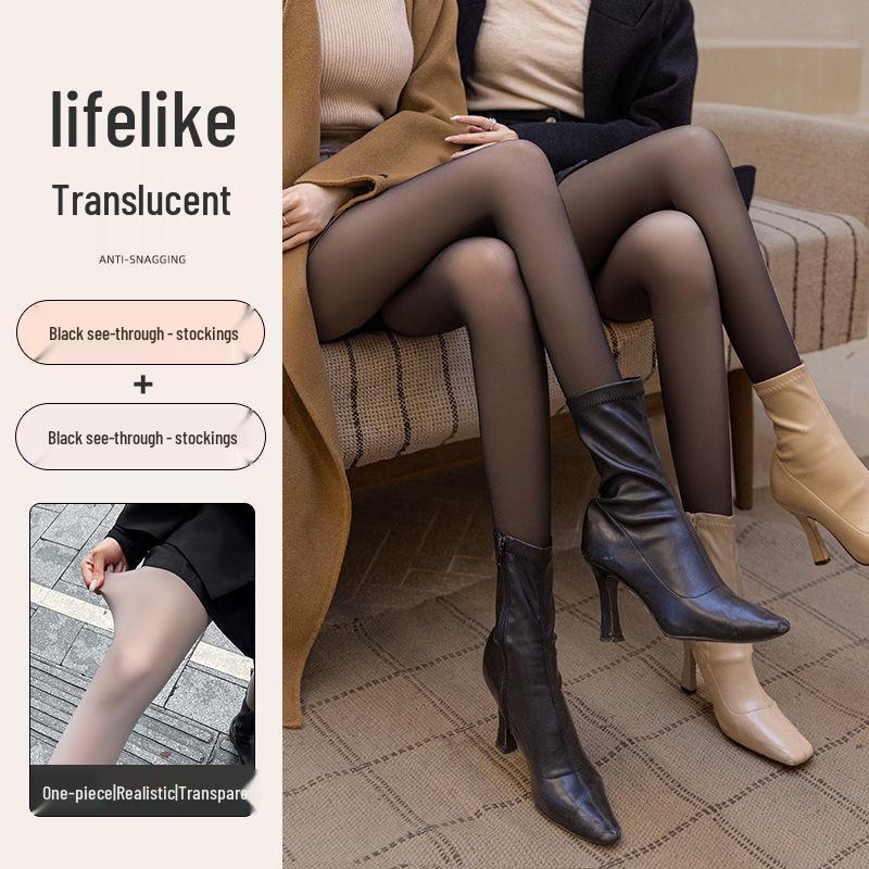 Grey-Black See-Through Base Layer Leggings with Fleece - Women’s Spring/Autumn/Winter Style for Bare Legs Look
