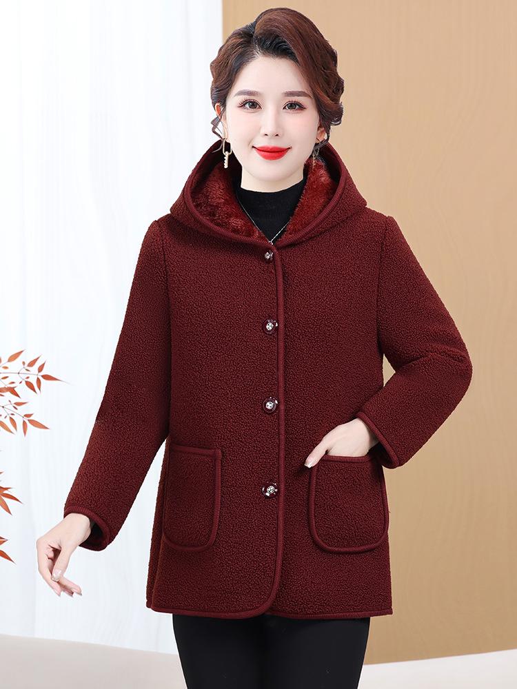 Women's Winter Fleece Jacket: Hooded, Thick, Warm Wool Blend Coat for Middle-Aged and Elderly
