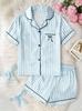 Conjunto de Pijama Listrado Azul para Meninas, Roupa de Dormir de Manga Curta com Botões e Laço, Roupa Confortável para Crianças de 8 a 12 Anos