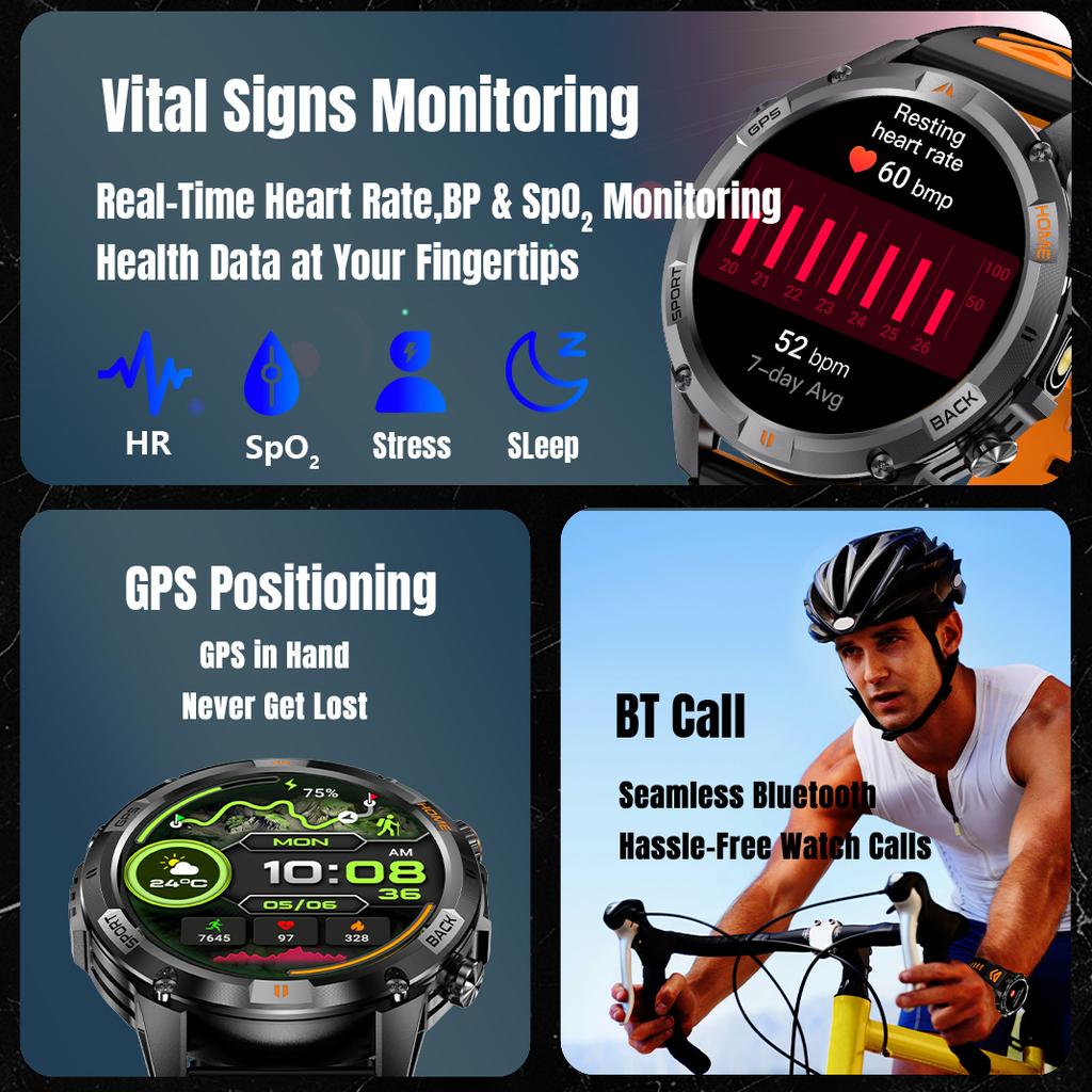New Military Outdoor Dual-Band GPS Track Smartwatch Men Bluetooth Call Compass Swimming Grade 5ATM Waterproof Smart Watches