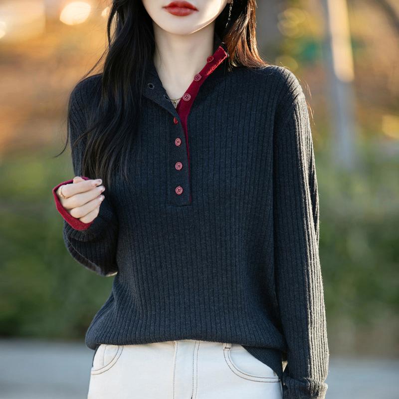 

Весенне-осенний новый женский универсальный трикотажный свитер с полуоткрытым воротником из шерсти, повседневный топ с воротником-стойкой, имитация двух частей, уменьшающий возраст XXL