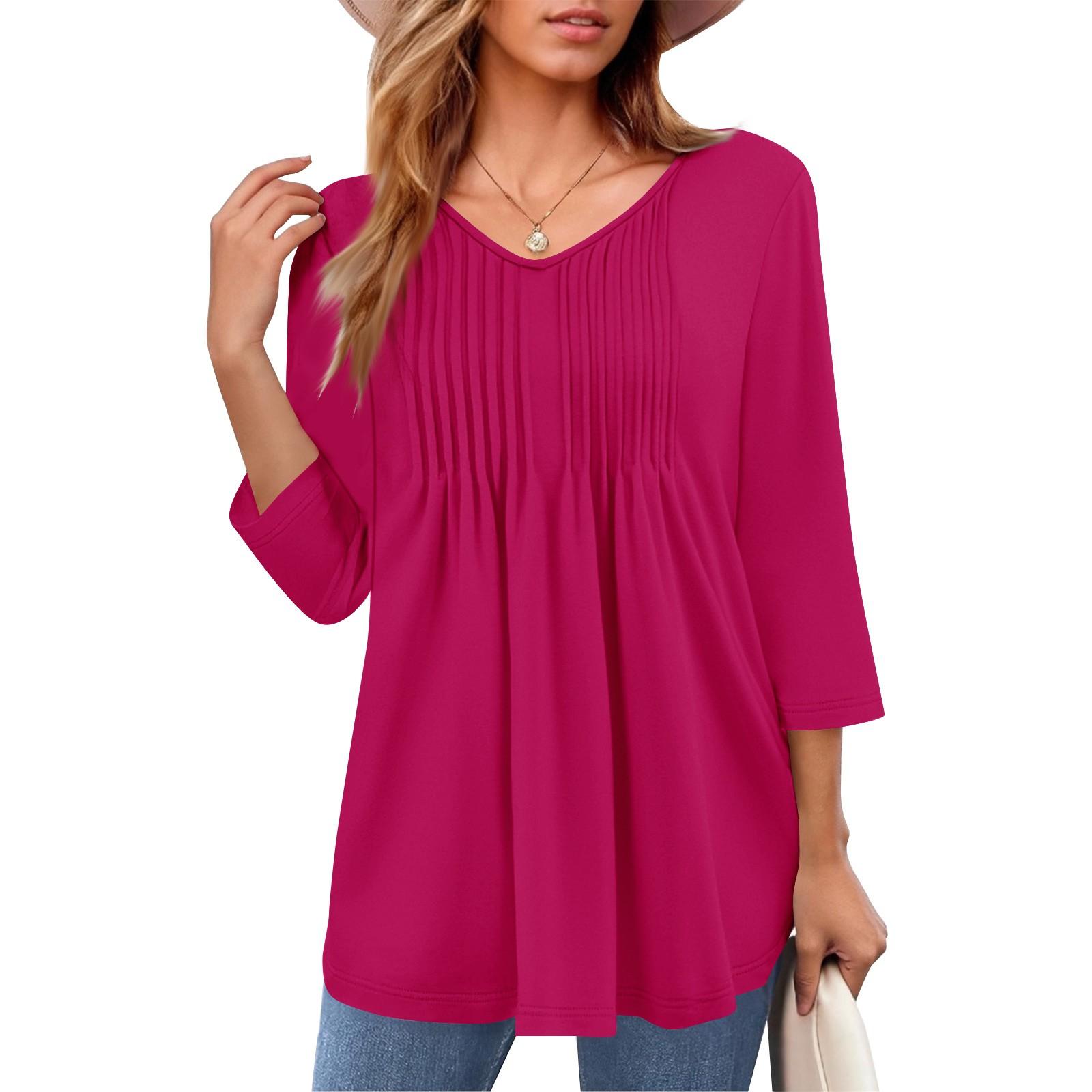 

Женские топы с V-образным вырезом и рукавом три четверти в полоску, плиссированные, повседневные, летние, модные, рубашки XXL