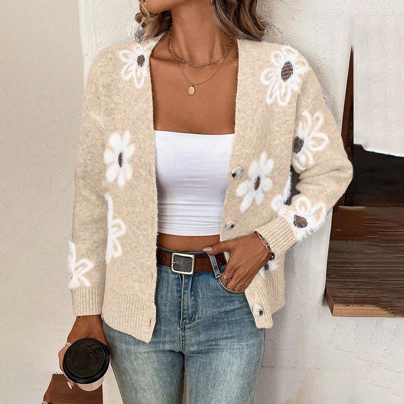 Women's New Autum And Winter Flower Pattern Button Front Cardigan Sweater Coat