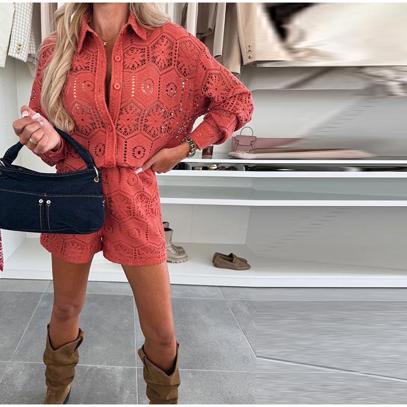 Fashion Lace Hollow Holiday Set Women's Elegant Single Breasted Beach Outfit Spring Casual Lapel Long Sleeved Shirt Shorts Suit