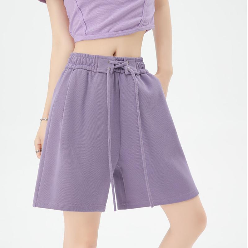 Women Solid Color Sport Casual Elastic Waist Shorts Drawstring Wide Leg Pants Summer Cotton Linen Beach Shorts
