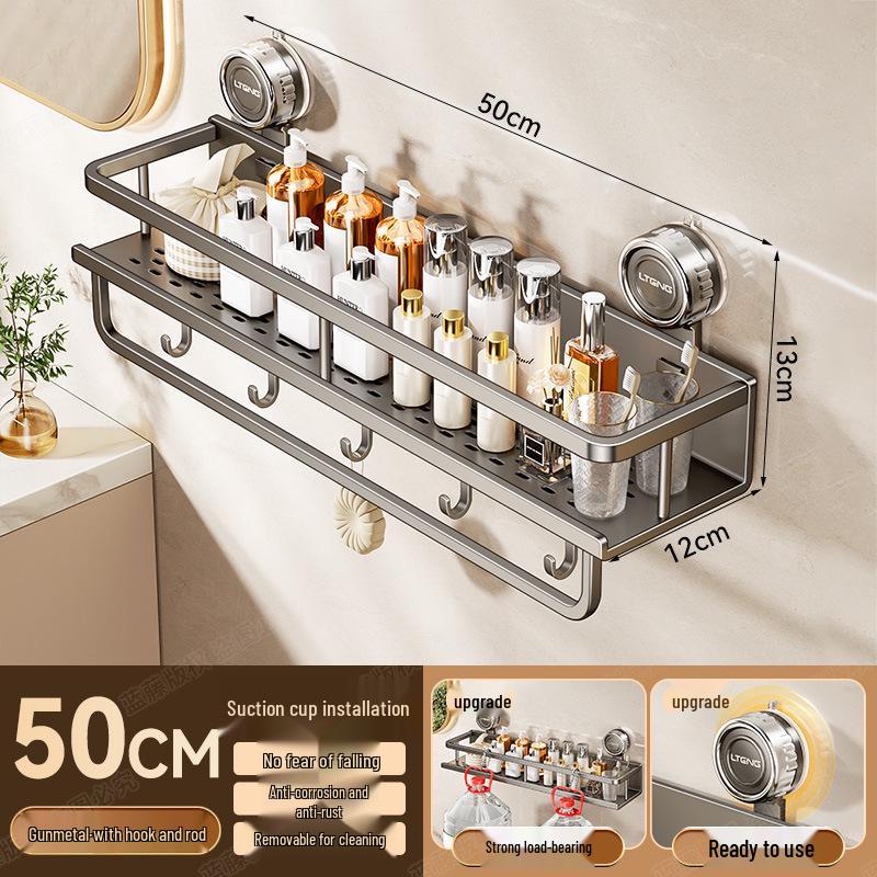 Wall-Mounted Aluminum Suction Cup Towel Rack & Bathroom Storage Shelf