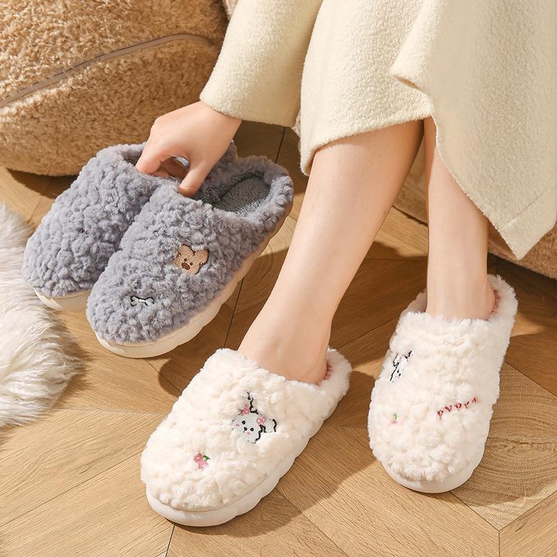 Autumn and winter cartoon cotton slippers women's indoor home warmth plush wear-resistant couple outer wear wool shoes confinement shoes men