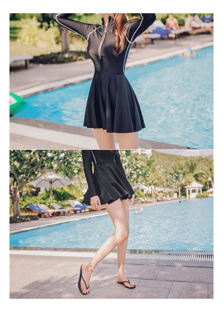 Korean Style Long Sleeve Skirted One-Piece Bikini Swimsuit with Sun Protection - Women's Conservative Slimming Swimwear
