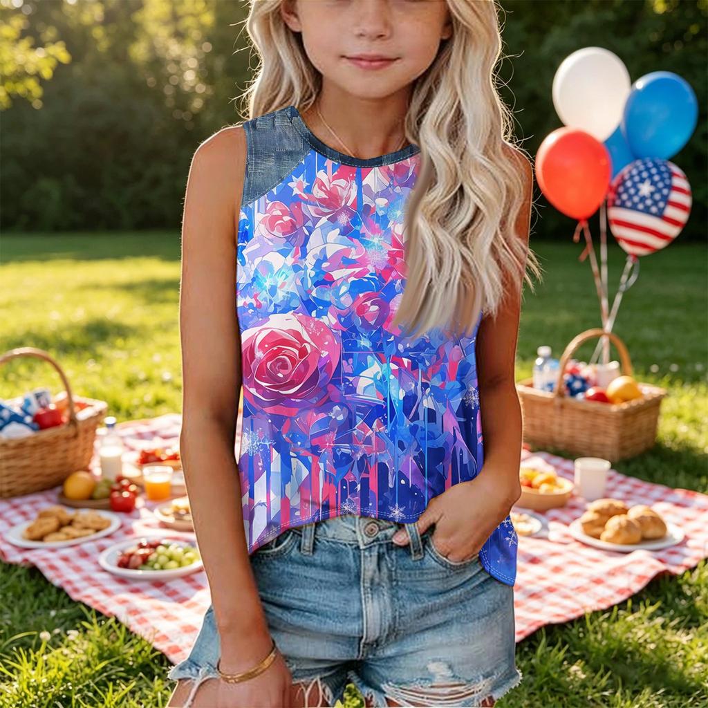 Sleeveless Loose Fit Tank Top for Women Floral Print Round Neck Casual Summer Blouse Denim Patchwork Detail Comfortable Fit