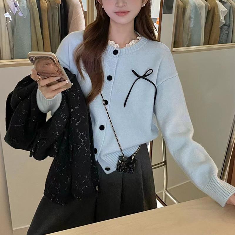 

Harajuku long Sleeve Women Cardigan Sweater Korean young girl sweet pink Lace splicing bow Tops short Coats Casual loose Chic O-neck Y2k Sweaters One Size