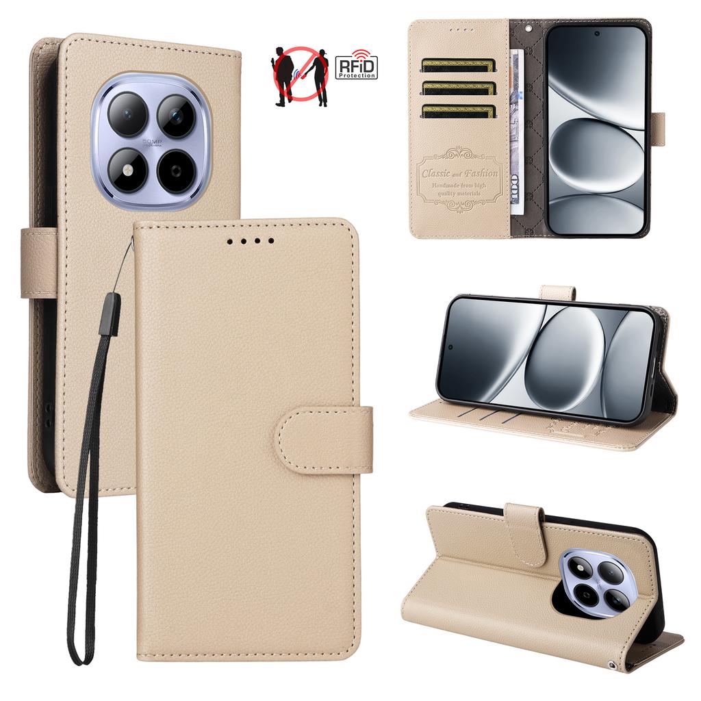 For Xiaomi Redmi Note 15 Pro 5G Case RFID Blocking 3 Card Slots PU Leather Phone Cover with Wrist Strap