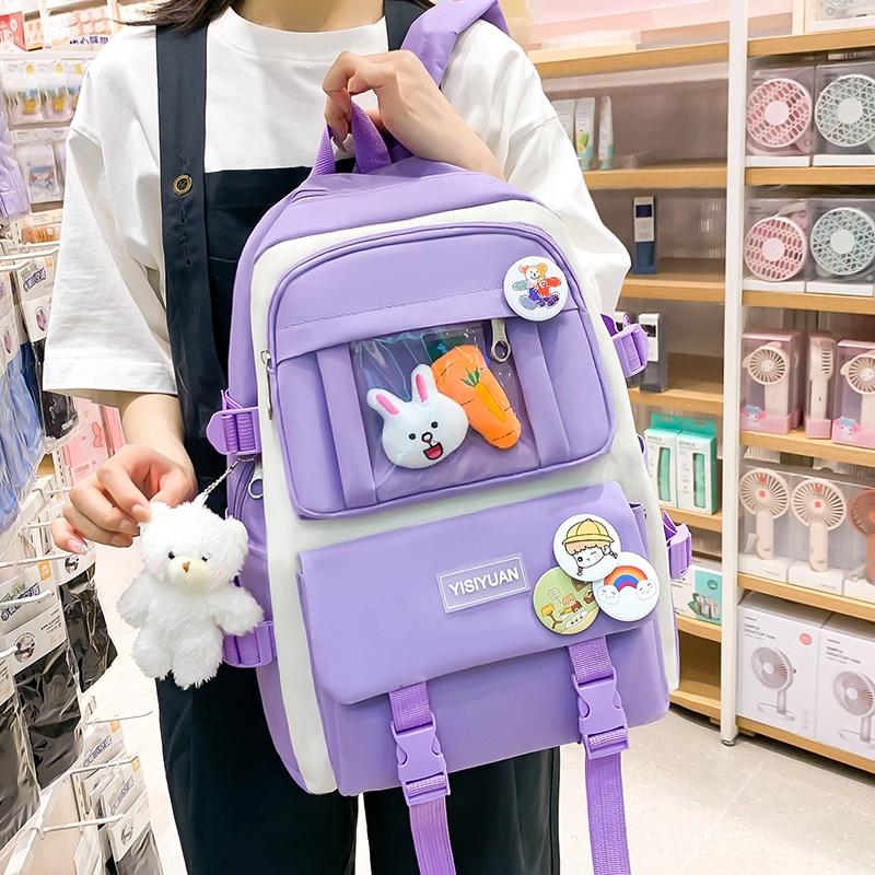 Dreiteiliges Rucksack-Set Farbblock Schüler-Schultasche Damen College-Stil Großraum-Rucksack für Mädchen