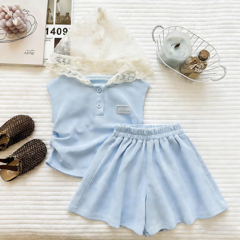 Girls Summer Lace Spliced Sleeveless Top And Shorts Set Cute Baby Two Piece Outfit For Kids 90cm
