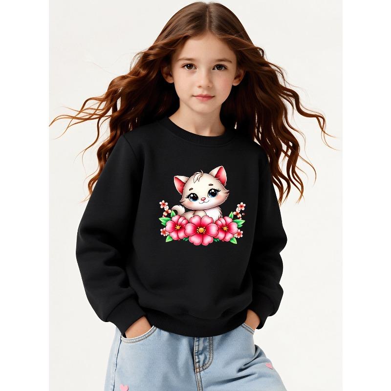 Kids Crewneck Sweatshirt, Cute Kitten with Pink Flowers Print, Soft Casual Pullover for Fall Winter