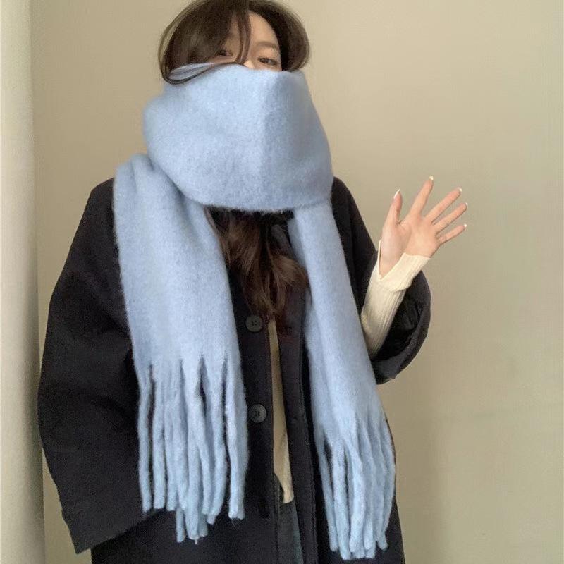 Korean version of mohair plaid scarf women's winter sea salt milk coffee blue thickened atmosphere warm student shawl scarf