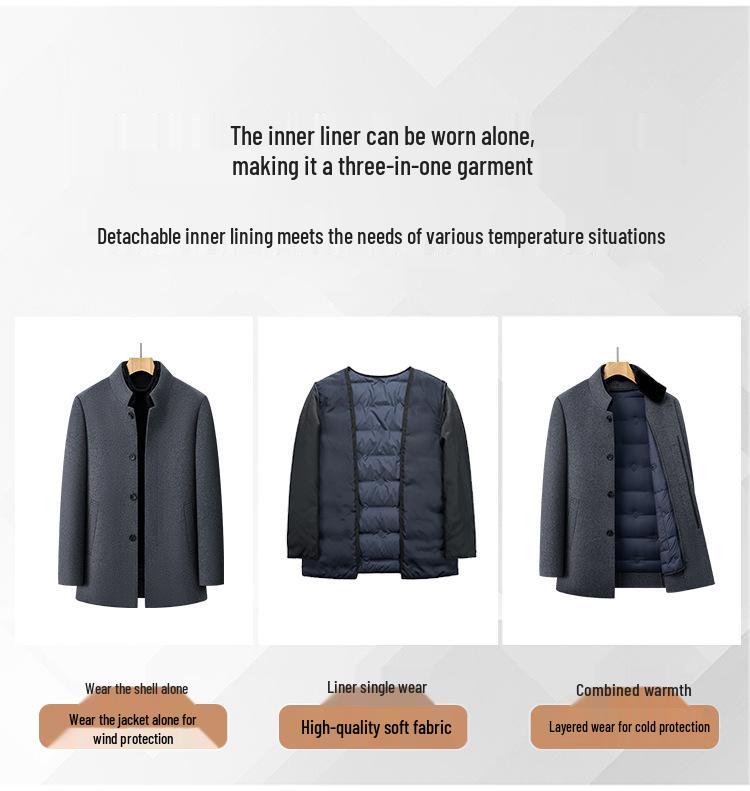 Men's Mid-Length Wool Coat with Removable White Goose Down Liner - Thickened Warm Windbreaker for Autumn/Winter Season