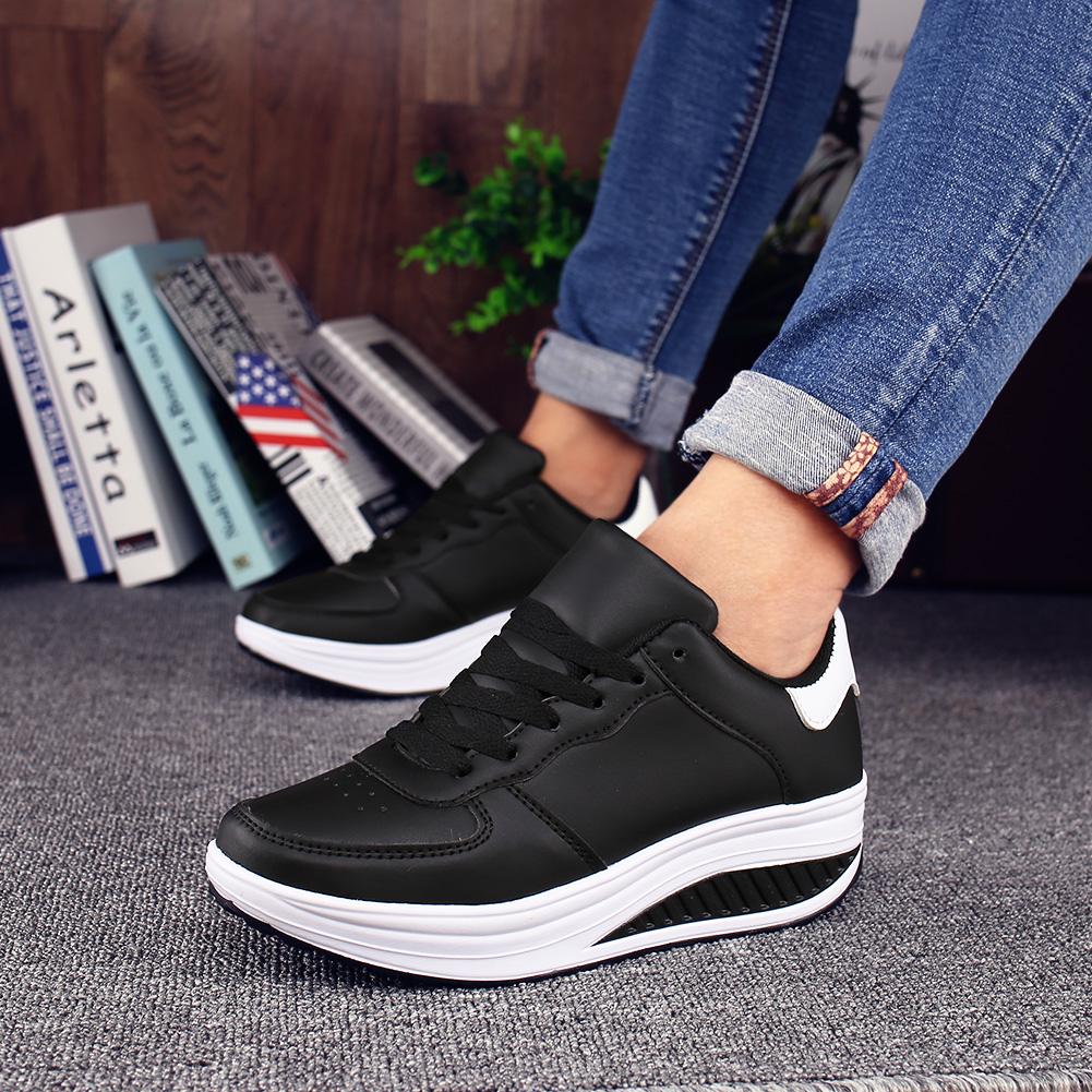 Fashion PU Leather Women's Platform Shoes Non-slip Rocker Shoes Walking Running Sports Shoes Wedge Heels