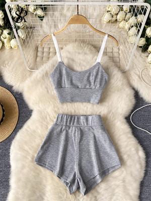 Hotsweet Summer Two Pieces New Sets Sleeveless Short Camisole Elastic Waist Wide Legs Shorts Clothing Ladies Chic Casual Suits