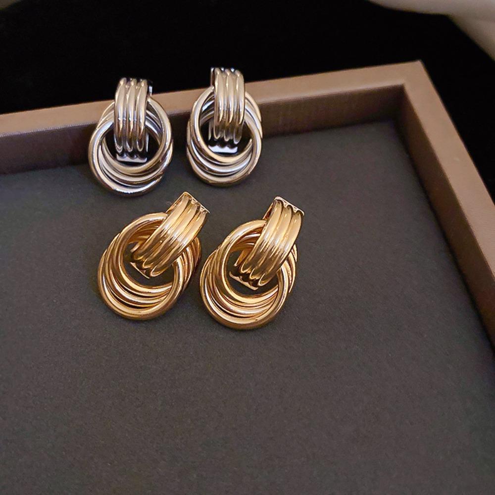 

Exaggerated Twist Knot Stud Earring Shiny Plating Three Layers Circle Earring Party